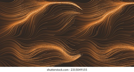 Dark Brown Moving, Flowing, Stream of Particle Clusters in Curving, Wavy Lines - Digitally Generated Dark Futuristic Abstract 3D Geometric Background Design, Generative Art in Editable Vector Format