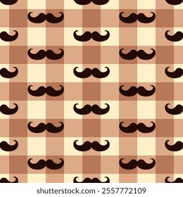 Dark brown mustache on beige checkered background. Vector seamless pattern. Best for textile, wallpapers, wrapping paper, package and your design.