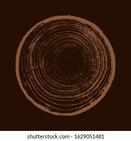 Dark brown orange negative wood texture stamp. Detailed tree ring design. Rough organic tree rings with close up of end grain.