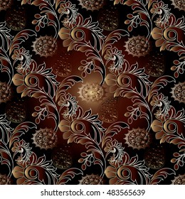 Dark brown Paisley elegant vector seamless pattern background wallpaper illustration with vintage  stylish beautiful modern 3d paisley flowers and ornaments on the black background.