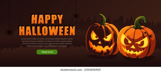 Dark brown panoramic banner with Halloween pumpkins. October 31st party invitation or holiday sale poster with Jack-o-lantern, spiders and spider web. Festive wallpaper, flyer, header