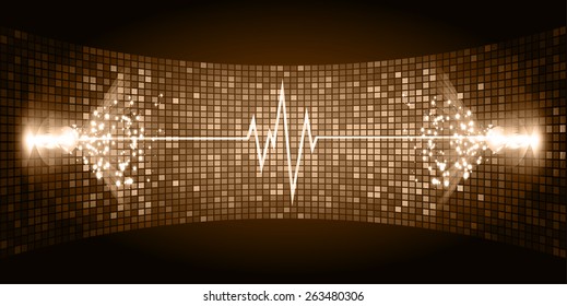 Dark brown purple Sound wave background suitable as a backdrop for music, technology and sound projects. Blue Heart pulse monitor with signal. Heart beat.