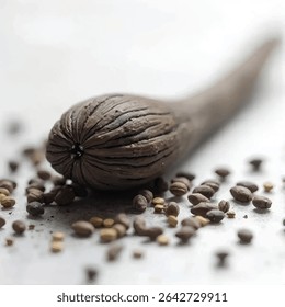 A dark brown, ribbed, seed pod-shaped object rests on a light gray surface scattered with various small, dark and light brown seeds or beans, creating a visually appealing contrast.