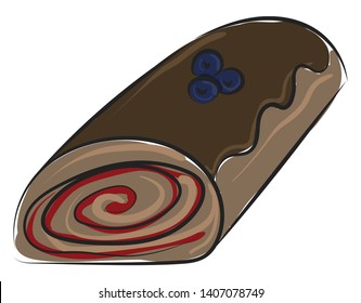 Un rollo marrón oscuro con remolino rojo y arándanos en la parte superior, postre sabroso, vector, dibujo a color o ilustración. 