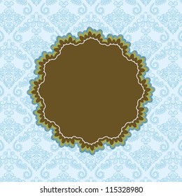Dark Brown Round Label on Blue Abstract Background. Vector Card