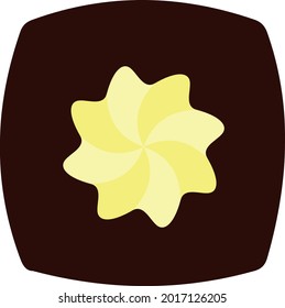 Dark brown rounded square Chocolate candy with two toned cream and yellow piped star decoration. Layered confectionery SVG svg