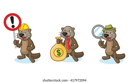 Dark Brown Sea Otter Mascot with money, and sign