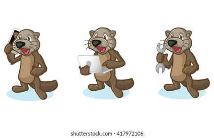 Dark Brown Sea Otter Mascot with laptop, phone and tools