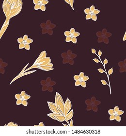 Dark brown (seal brown) background with amber yellow spring flowers crocuses endless texture with for fabric, wallpapers and decoration. Beautiful editable vector background.

