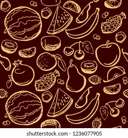 Dark brown seamless pattern with hand drawned fruits vector