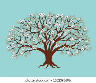 Dark brown silhouette apple tree with blossom isolated on the blue background. Cartoon vector illustration for book, magazine, home art, decorate wall,  poster, logo flyers and cards design. eps 10