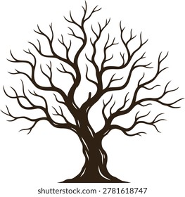 Dark brown silhouette of a bare winter tree with detailed branches and twisted trunk isolated as a simple vector illustration for nature designs
