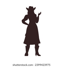 Dark brown silhouette of cowgirl in hat and long skirt flat style, vector illustration isolated on white background. Decorative design element, culture and western