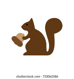 Dark brown sitting squirrel vector illustration. Isolated on white background. Cute squirrel graphic flat icon, holding acorn in paws.