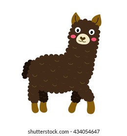A dark brown standing alpaca cartoon character isolated on white background. 