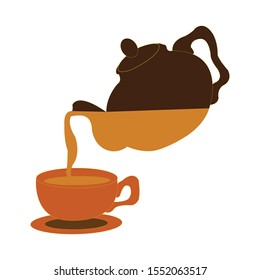 Dark brown teapot pouring into a clay coloured cup