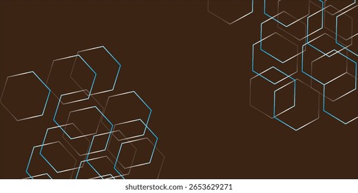 Dark brown tech background with glowing blue hexagon lines