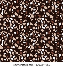 Dark brown terrazzo seamless pattern. Modern monochrome tile texture. Vector abstract background.