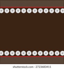 Un patrón de tela tailandesa marrón oscuro con filas de flores de loto blancas, acentuadas por bordes naranjas y líneas en zigzag. Refleja un elegante patrimonio cultural, perfecto para textiles y Diseños gráficos.