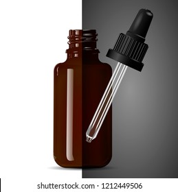 Dark brown transparent glass medical dropper bottle. Dropper bottle for medical products, vape e liquid, oil, serum and essence. High quality eps10 vector illustration.