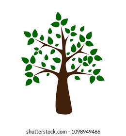 Dark brown tree with green leaves vector illustration isolated on white