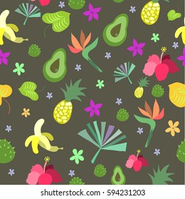Dark brown tropical flora and fruit seamless pattern