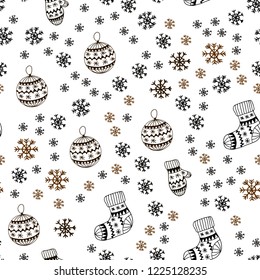 Dark Brown vector seamless cover with beautiful snowflakes, balls, socks, mittens. Shining colorful illustration in christmas style. Pattern for design of fabric, wallpapers.