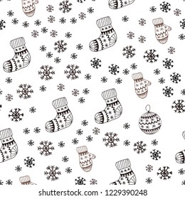 Dark Brown vector seamless cover with beautiful snowflakes, balls, socks, mittens. Colorful xmas elements with gradient. Pattern for trendy fabric, wallpapers.