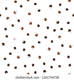 Dark Brown vector seamless pattern with coffee beans, cups. Gradient illustration with set of mugs, beans. Doodle design for your business advert of cafes.