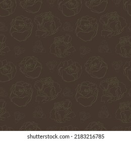 Dark brown vintage seamless pattern with rose and peony in linear style. Outline floral print that can be used as textile, fabric, wrapping paper, wallpaper. Background with hand drawn green flowers