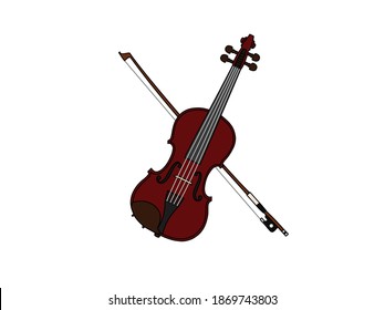 dark brown violin with a bow isolated on a white background