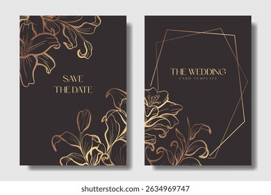 Dark brown wedding invitation with ornamental Lily flower