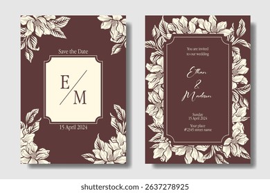 Dark brown wedding invitation with ornamental magnolia flower, two design for flexibility usage