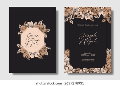 Dark brown wedding invitation with ornamental magnolia flower, two design concepts for flexibility usage
