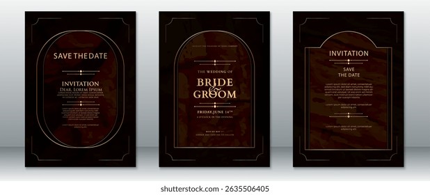 Dark Brown Wedding Invitation Set with Gold Arch Frames and Elegant Layout