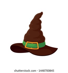 Dark brown wizard hat with green ribbon. Vector illustration on white background.