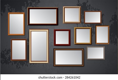 dark brown wood frames vector on old wall.