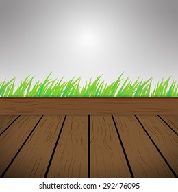 dark brown Wood Vector Background Texture and green grass 