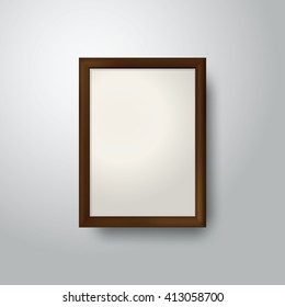 Dark brown Wooden frame with place for text. Wooden rectangular 3d photo frame with shadow. Vector illustration