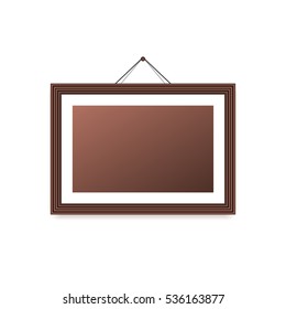 Dunkelbraune Holzrahmenschablone mit Passepartout, Streichern, Nagel, Schatten und leerem Platz für Bild, Vektormockup
