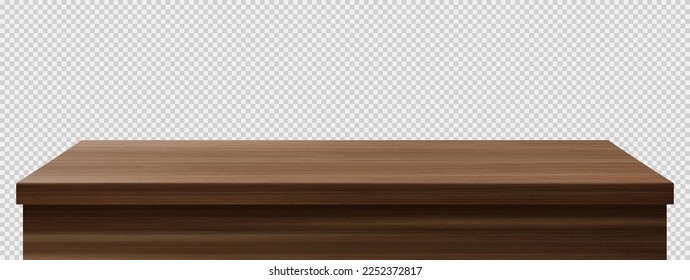 Dark brown wooden table foreground, tabletop front view, brown rustic countertop of wood surface. Retro dining desk or plank texture isolated on transparent background, realistic 3d vector mock up