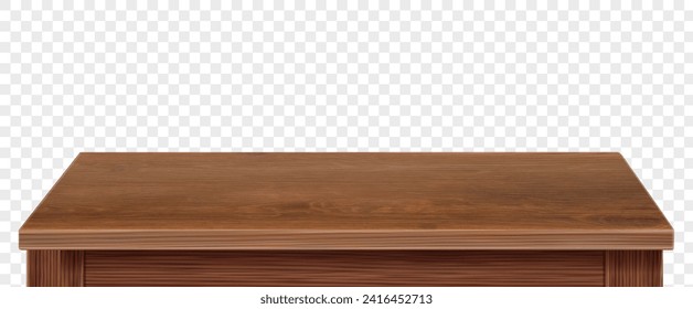 Dark brown wooden table, Wood Textured tabletop front view on transparent background. Dining desk surface realistic 3d vector mock up