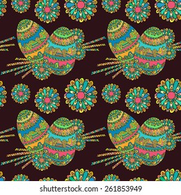 Dark brown zentangle eggs and flowers pattern done with clipping mask. Vector illustration can be used for backgrounds, web design, surface textures and other crafts.