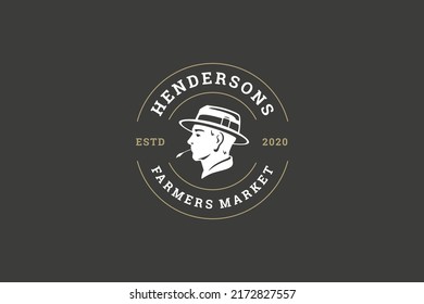 Dark brutal male farmer profile circle premium logo design template farm market industrial business vector illustration. Man agricultural worker in countryside hat round emblem branding identification