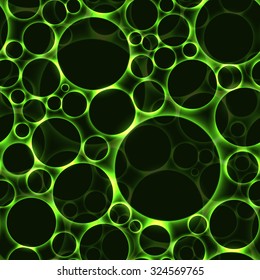 dark bubbles on green shining background with light reflection - seamless background