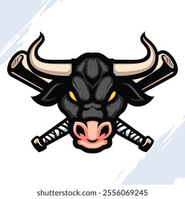 Dark Bull Head Mascot with Cross Baseball Bat