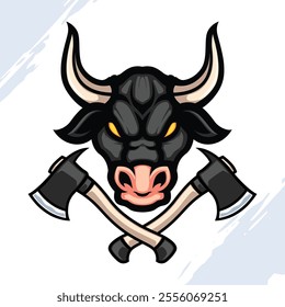 Dark Bull Head Mascot with Crossed Axe