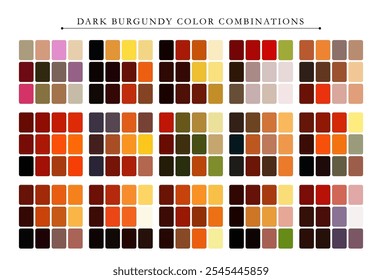 Dark burgundy color palette. Trend color palette guide template. Fit for fashion designers, business, and paints colors company. Match combinations. Vector graphics. Eps 10.