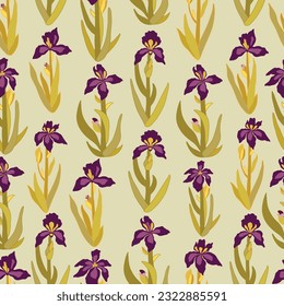 Dark burgundy purple Iris flowers hand drawn seamless pattern on green background. For textile, wrapping paper, packaging, DIY projects.