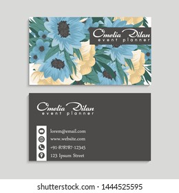 Dark business card with beautiful flowers. Template